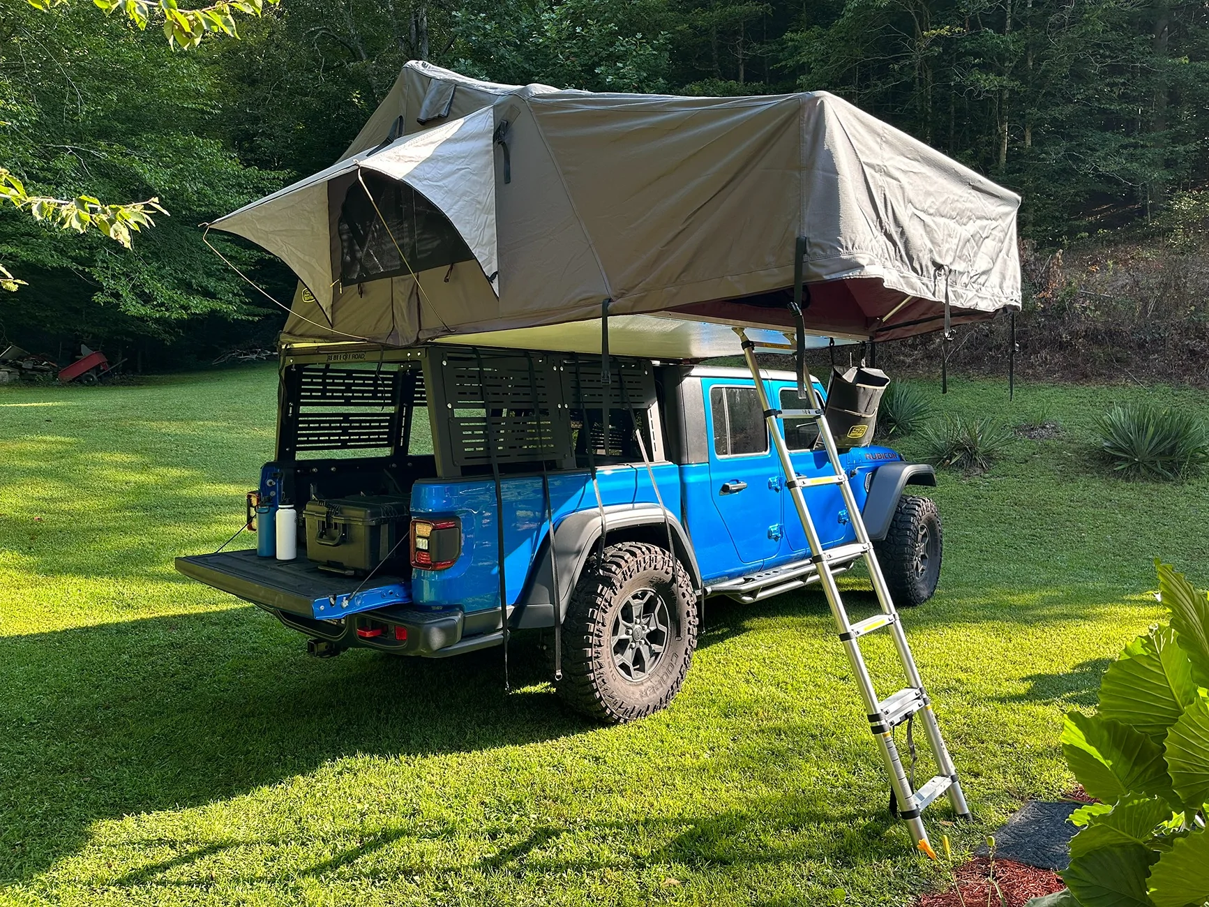 Jeep Gladiator FOR SALE: 2021 Hydro Blue Jeep Gladiator Rubicon 3.6L – Manual Trans – 58k Miles – $35,000 02 with Tent_flat
