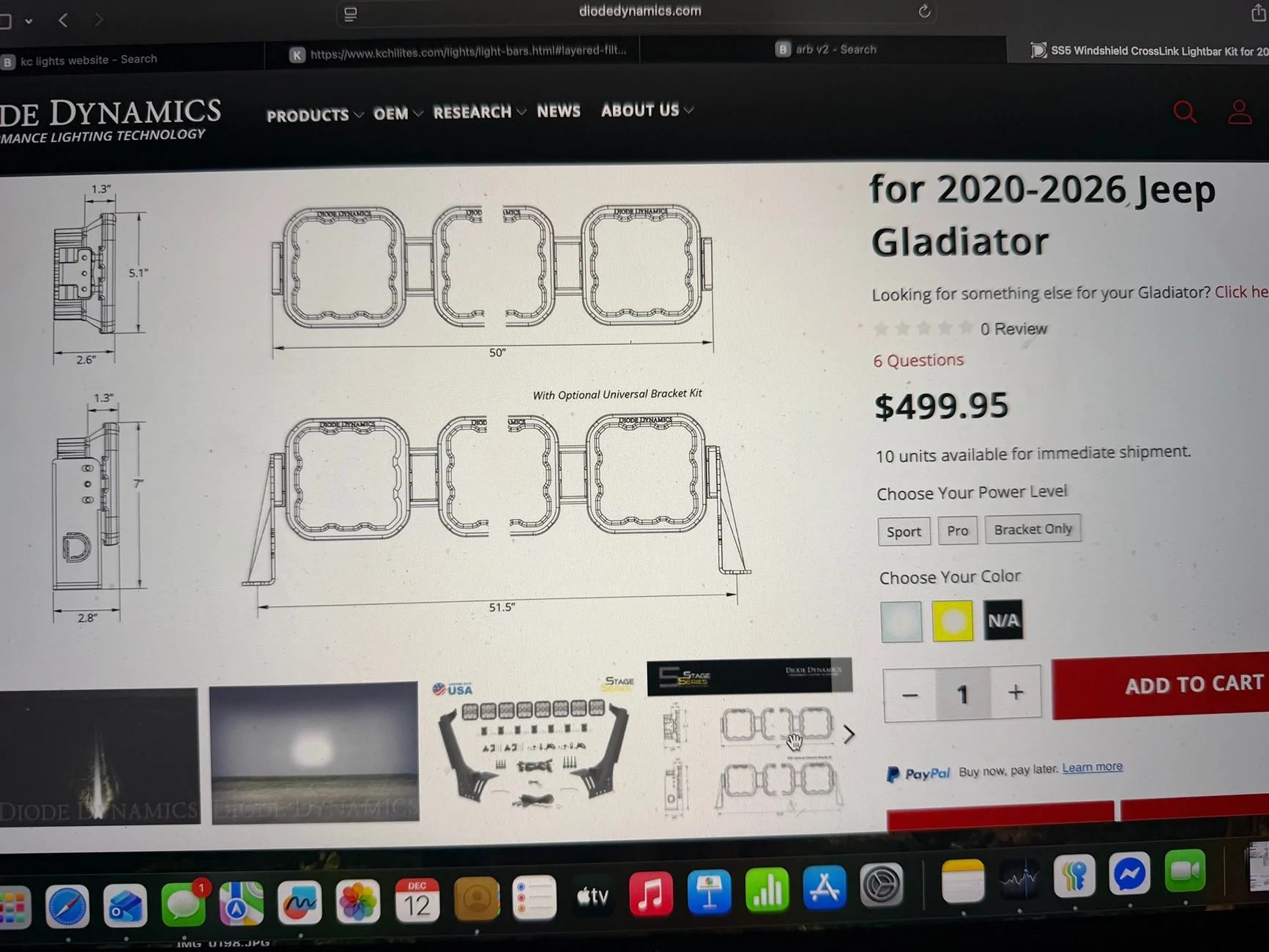 Jeep Gladiator Diode Dynamics 50" stage series led light bar roof mounted on 2022 Gladiator Rubicon IMG_6222