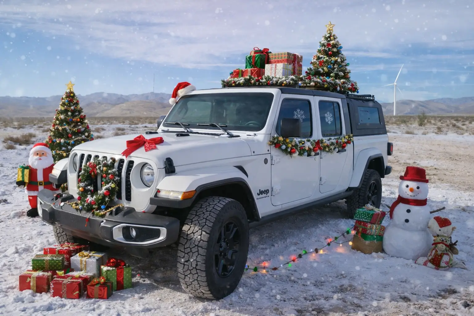 Festive Jeep in the desert holiday scene.webp