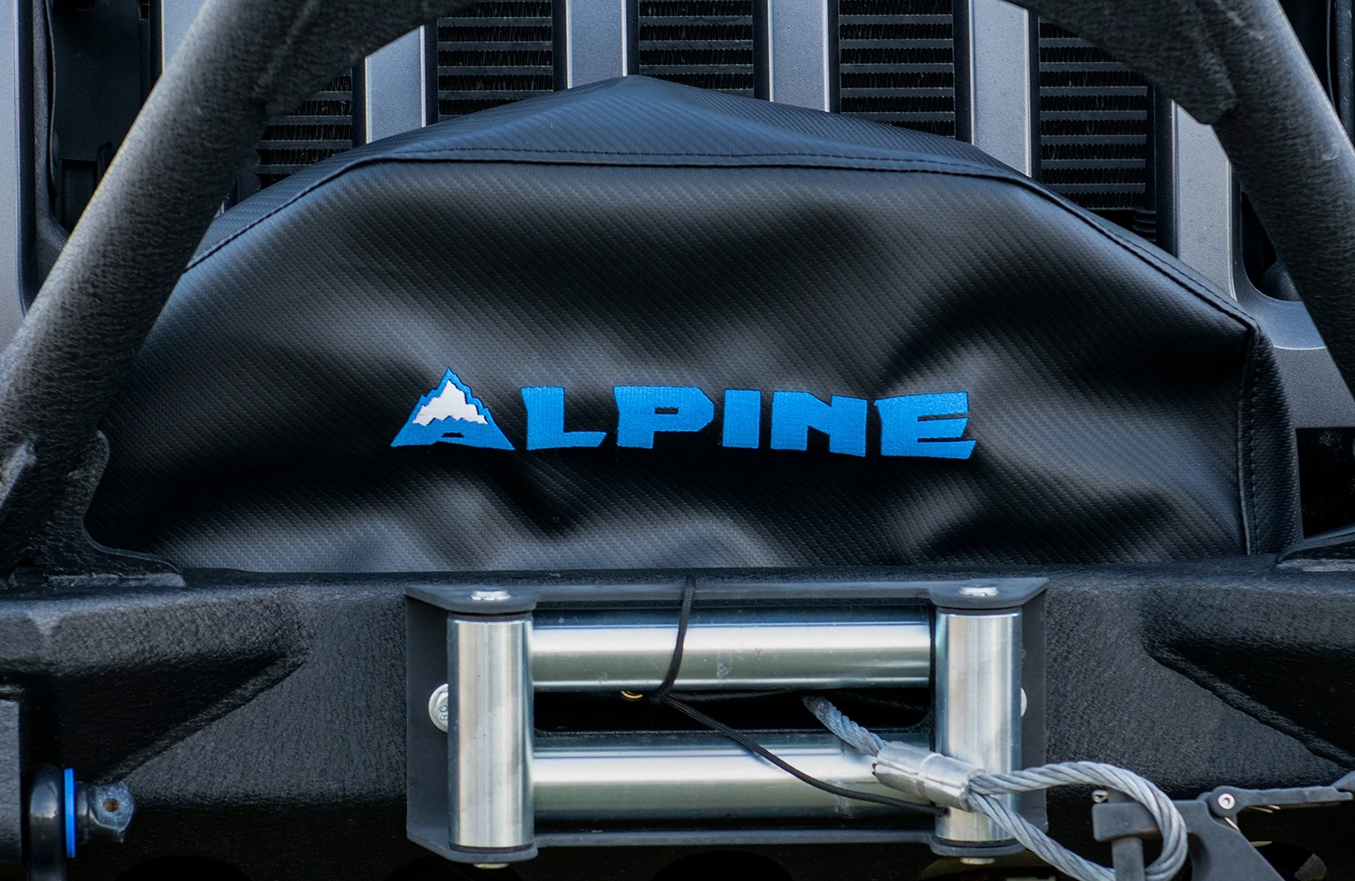 Jeep Gladiator Headrest Logo ALPINE CUSTOM WINCH COVER - CLOSEUP