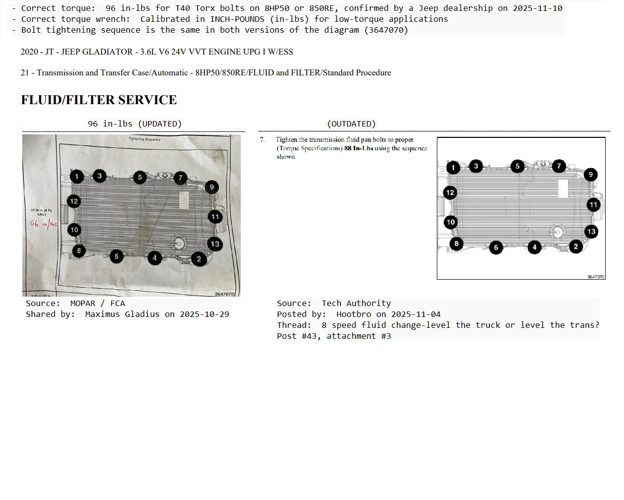 Jeep Gladiator Pan Drop / Drain & Fill Instructions for ZF 8HP50 or Chrysler TorqueFlite 850RE Automatic Transmission pan_drop_020_8HP50_850RE_versions_of_diagram_3647070_Transmission_Oil_Pan_Bolt_Tightening_Seq