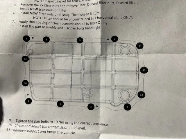 Jeep Gladiator Pan Drop / Drain & Fill Instructions for ZF 8HP50 or Chrysler TorqueFlite 850RE Automatic Transmission pan_drop_040_MOPAR_FCA_Instruction_Sheet_K6856018_Transmission_Oil_Filter_Replacement_850RE_8