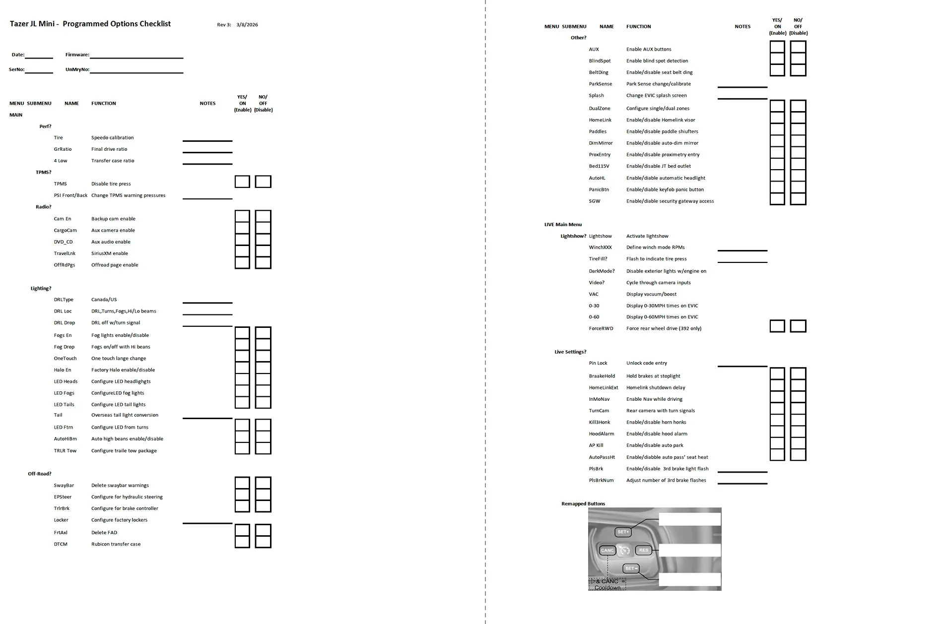 Jeep Gladiator Tazer JL Mini - Settings Checklist Tazer_Checklist_Screenshot
