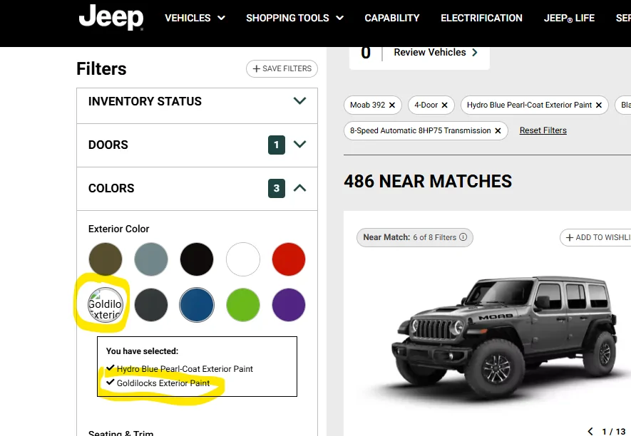 Jeep Gladiator Goldilocks color option sighted Goldilocks color option