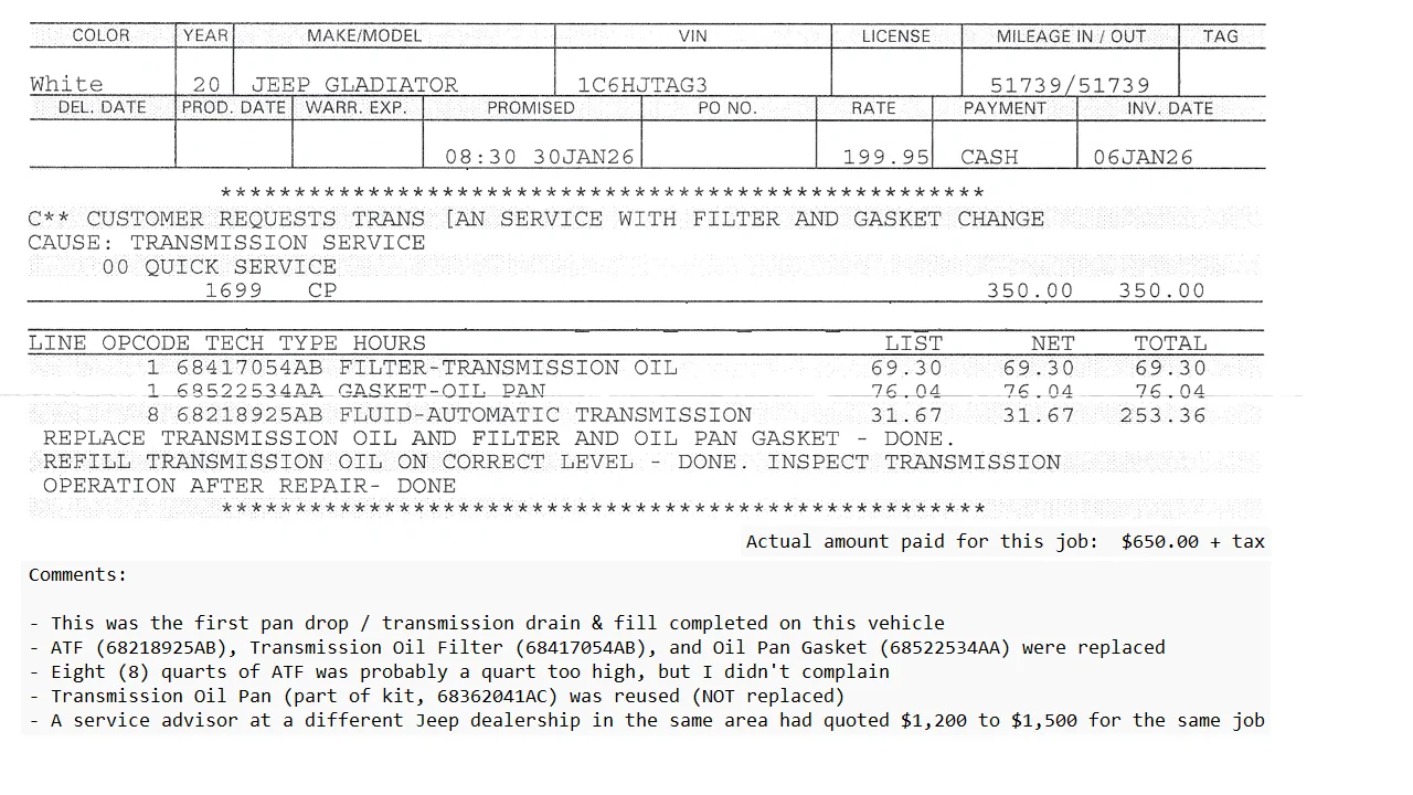 Jeep Gladiator Transmission drain and fill at 60K 00063 & 00064 - transmission drain & fill (pan drop) - 2026-01-06