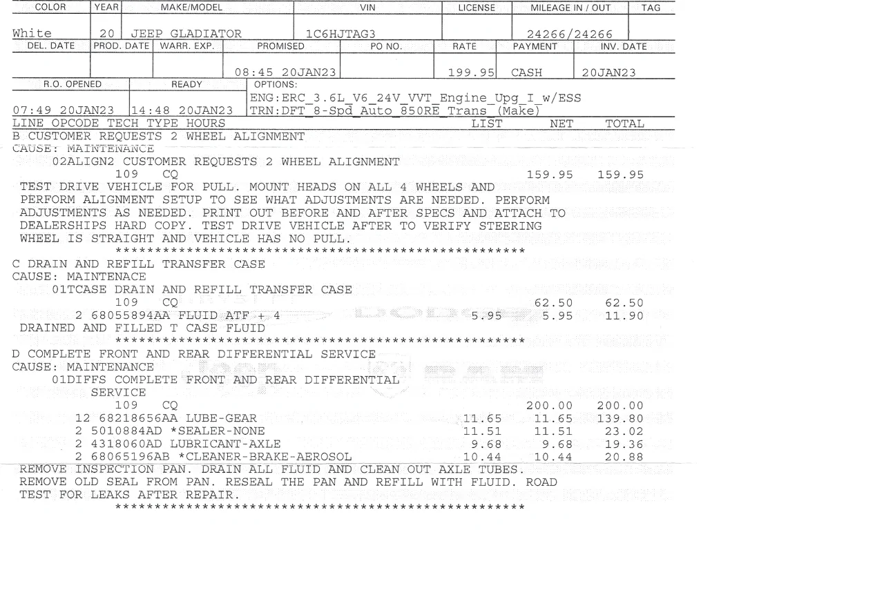Jeep Gladiator Front/Rear Diff Service - DIY 00043 - front & rear differential and transfer case fluids changed; wheel alignment done - 20