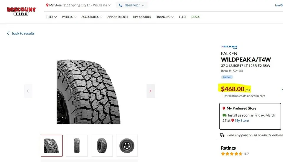Jeep Gladiator [Brand New] 37" x 12.5" Falken Wildpeak A/T4W Tires 1