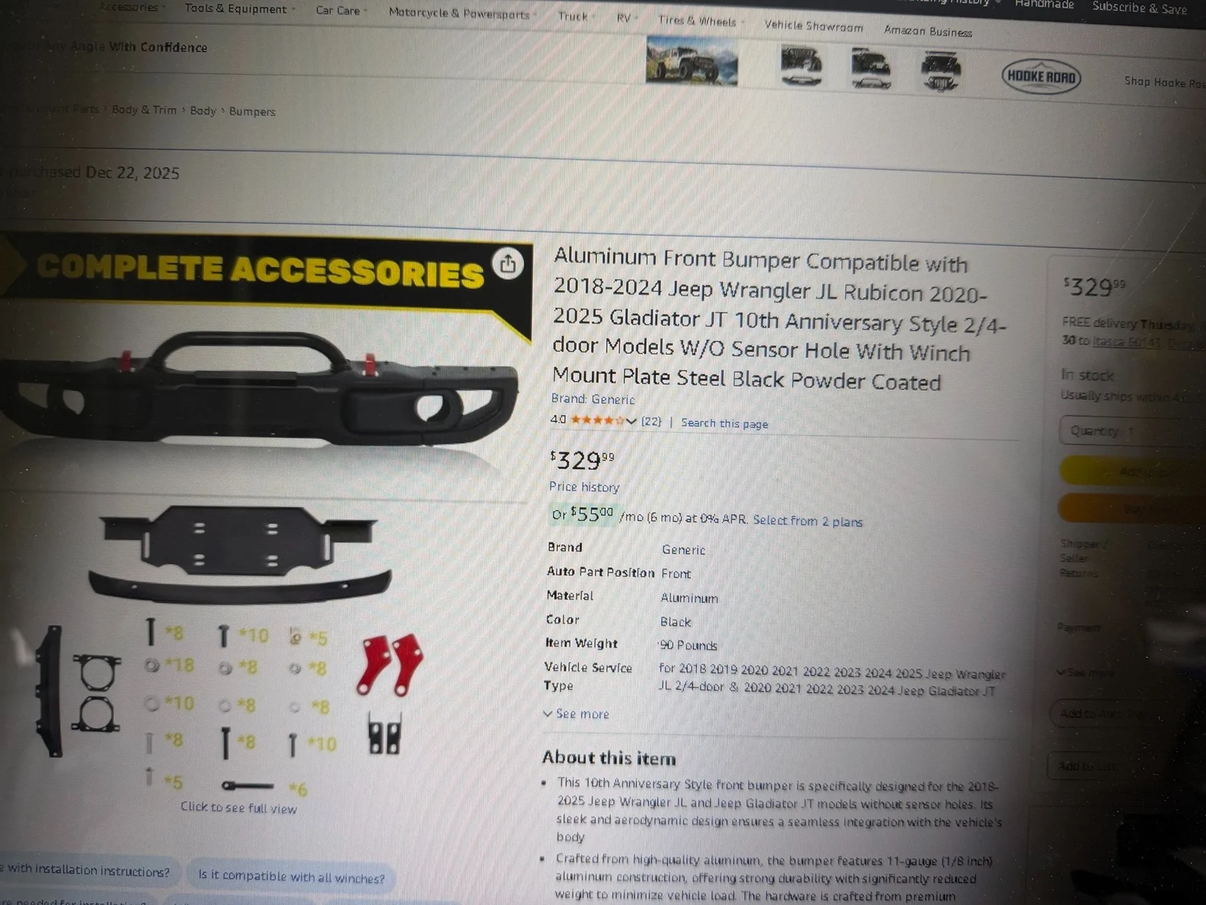 Jeep Gladiator STEEL BUMPER FROM AMAZON  - RECOVERY POINTS - FLAT TOWING IMG_1108