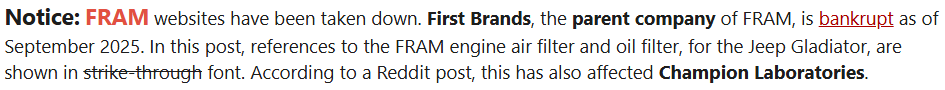 Jeep Gladiator FRAM and Champion Labs Affected by First Brands Bankruptcy 1779291393345-eo