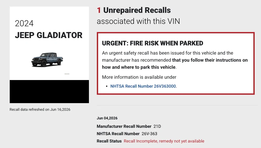 Jeep Gladiator Recall: 1M+ Jeep Wrangler and Gladiator Fire Risk (June 9, 2026) Jeep Gladiator Recall