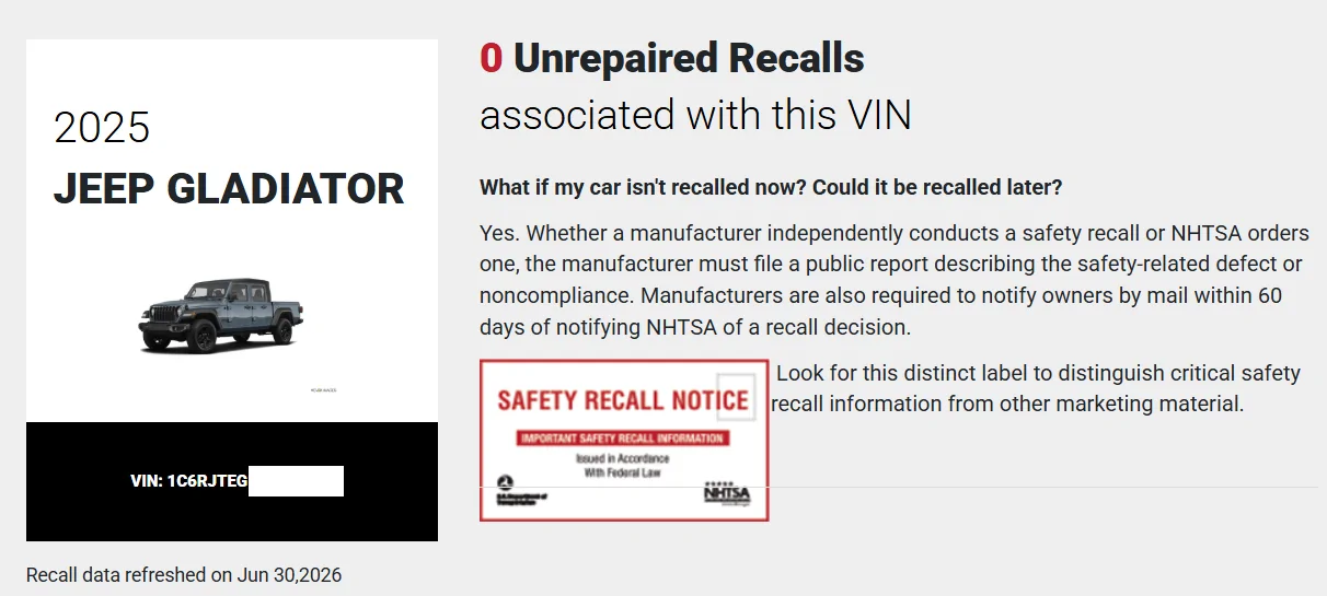 Jeep Gladiator Recall: 1M+ Jeep Wrangler and Gladiator Fire Risk (June 9, 2026) Screenshot 2026-06-30 160351
