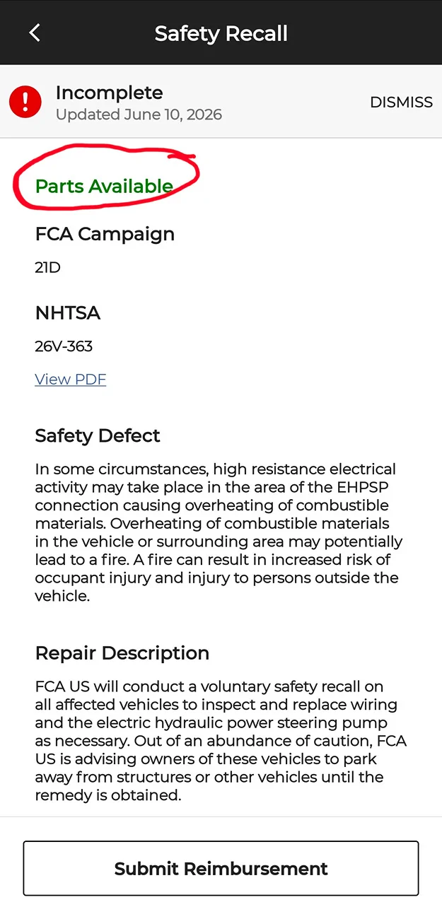 Jeep Gladiator Recall # 21D - Anyone completed recall process for electric hydraulic power steering pump? Screenshot_20260710_233931_J