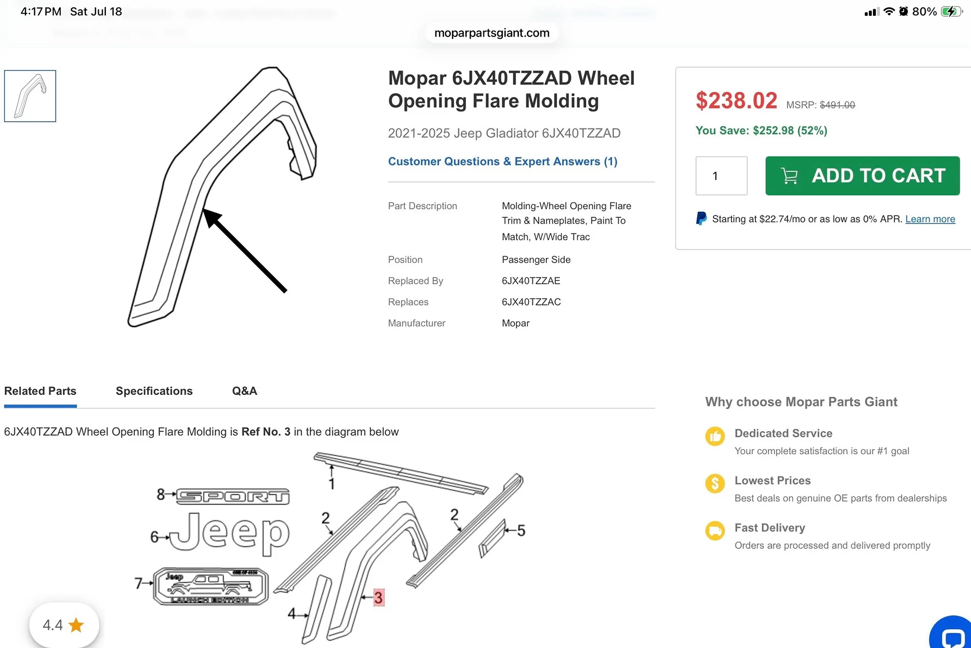 Jeep Gladiator 2025 Mojave X - Passenger Wheel Opening Flare Molding IMG_3344
