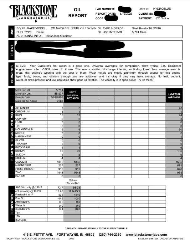 Jeep Gladiator EcoDiesel UOA (Oil Analysis) Results Thread Screenshot 2026-08-13 193213