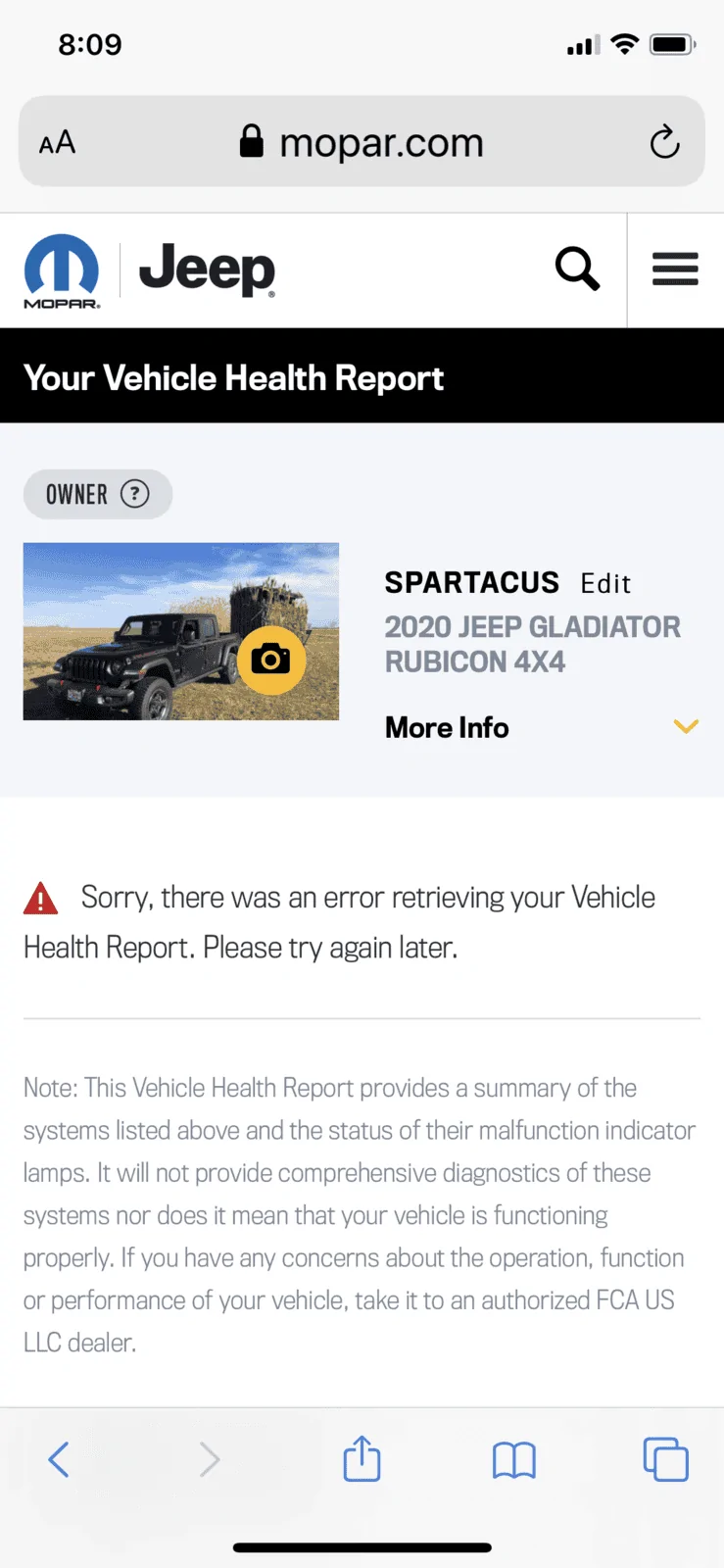 Jeep Gladiator Vehicle health report errors 7C7C7BF1-6512-4B3D-98CC-ABE2F8292F10