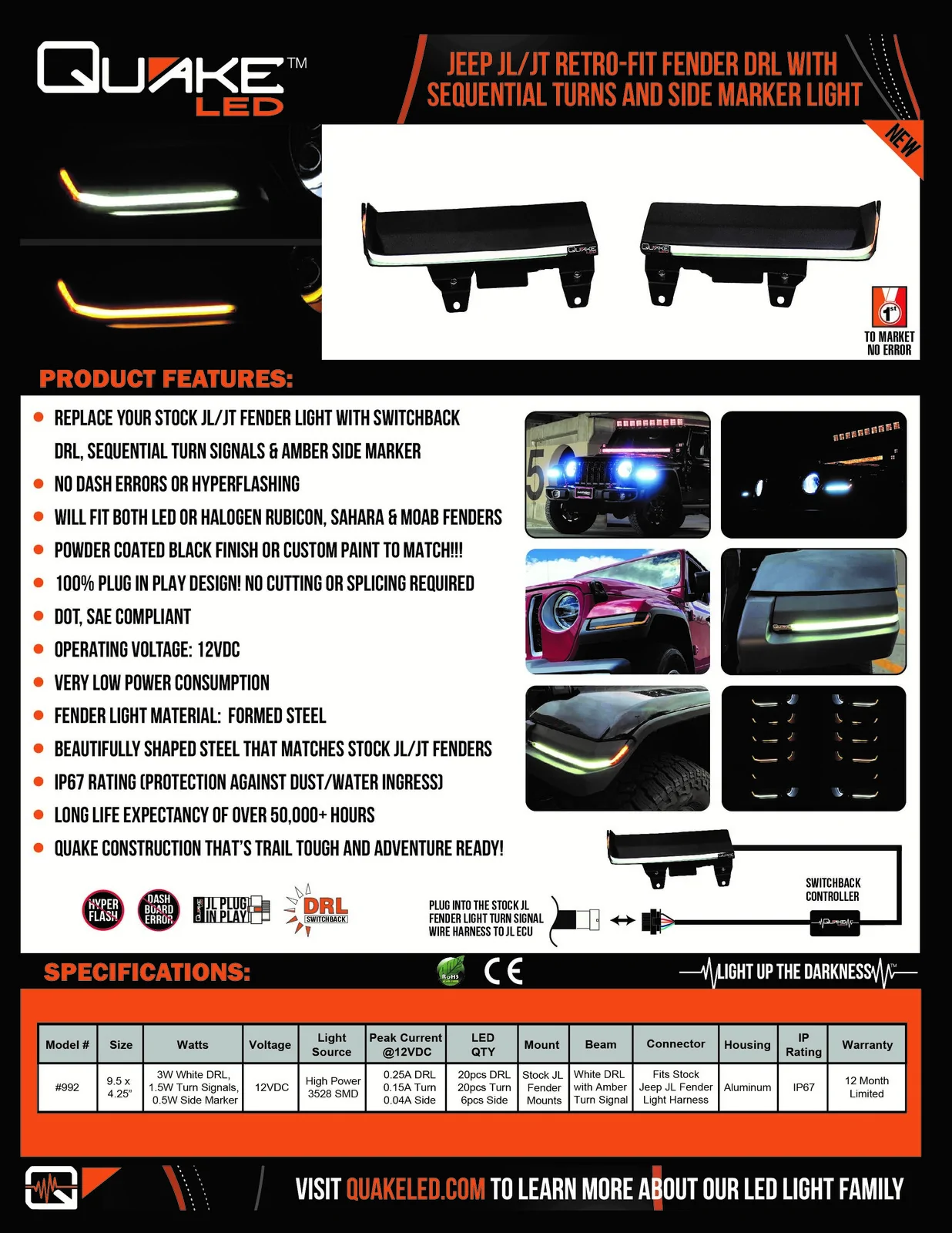 Jeep Gladiator QUAKE LED JT GLADIATOR / JL WRANGLER RETROFIT KIT WITH SEQUENTIAL TURN & DRL...NO DASH ERRORS cutsheet_0