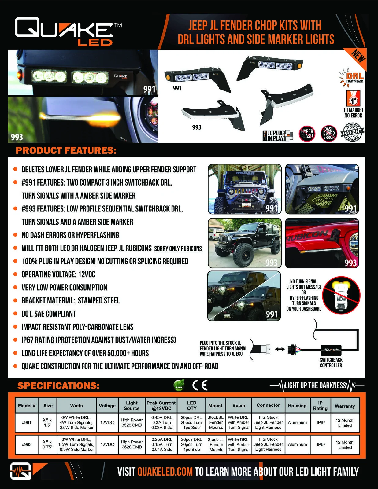 Jeep Gladiator Check Out! Quake LED's Jeep JT Gladiator/JL Wrangler DRL, Amber Sequential Turn Signal Fender Chop 991_993_Cutsheet_0_0