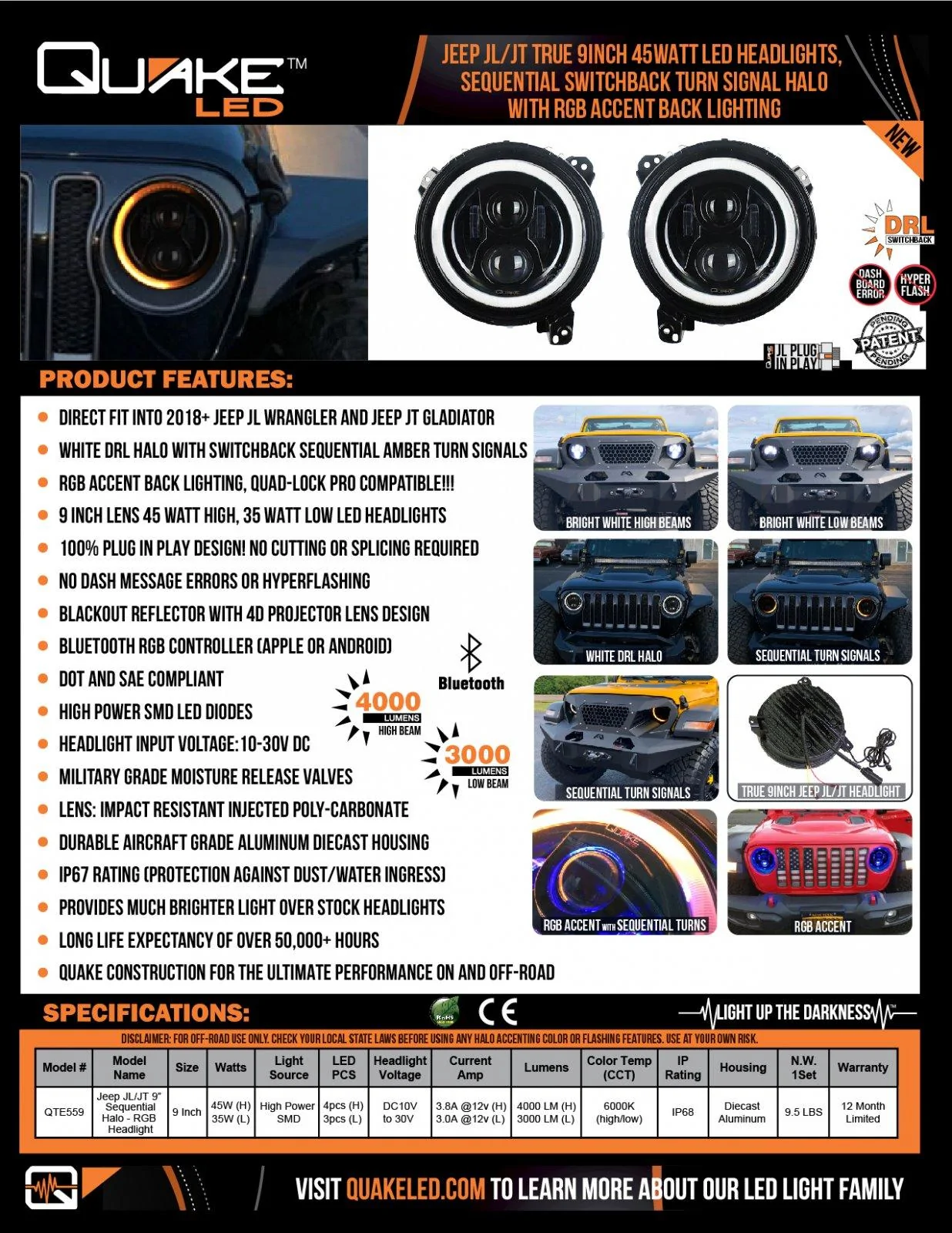 Jeep Gladiator NEW! Quake LED QTE559 Full 9" Light for JT/JL...Very Bright DRL...SEQUENTIAL Turn...RGB Accenting! QTE559_9in JL Sequential Halo-01