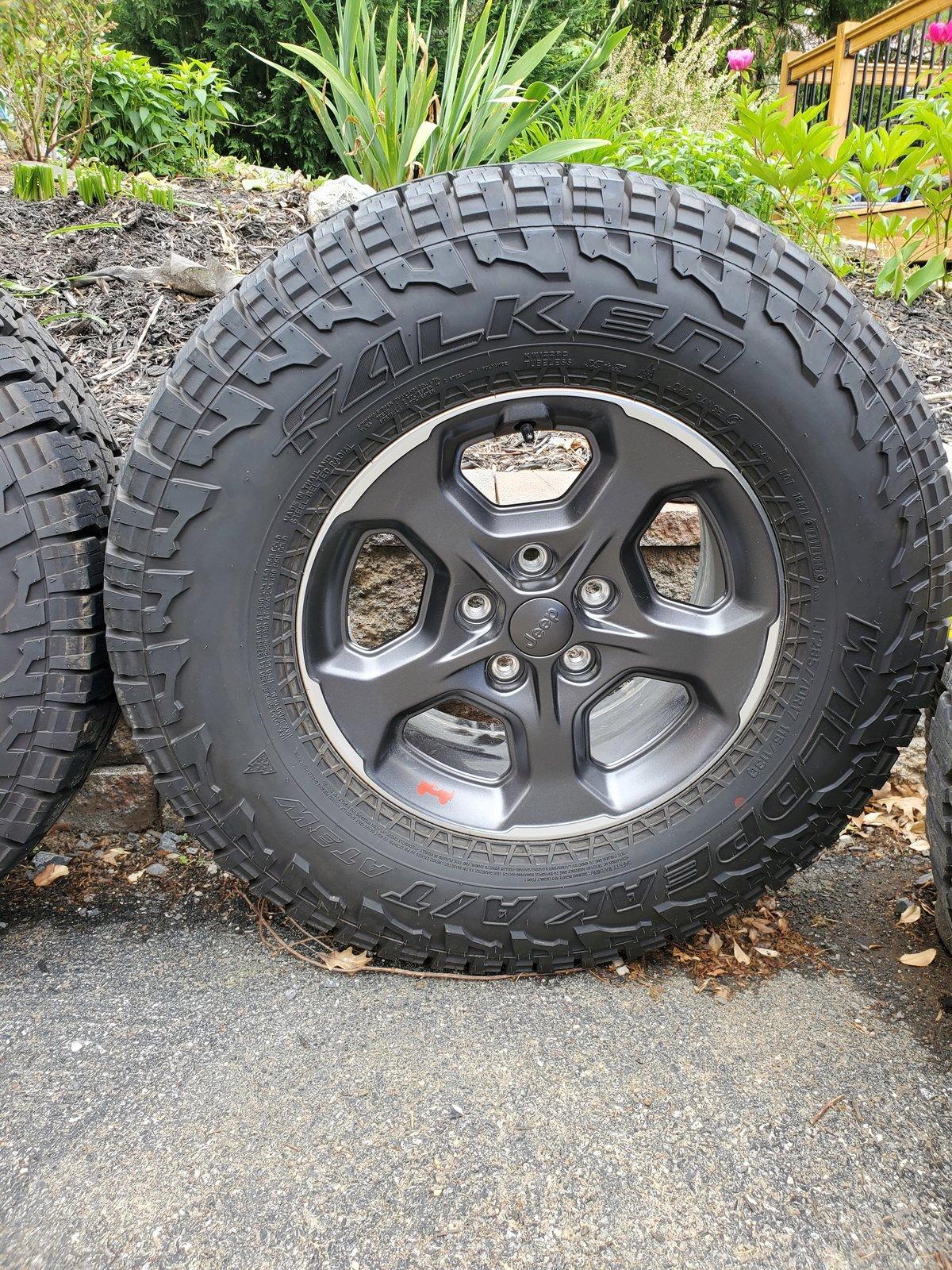 Jeep Gladiator Stock Rubicon rims and 285/70/17 Falken Wildpeak AT3W. 20200518_152524