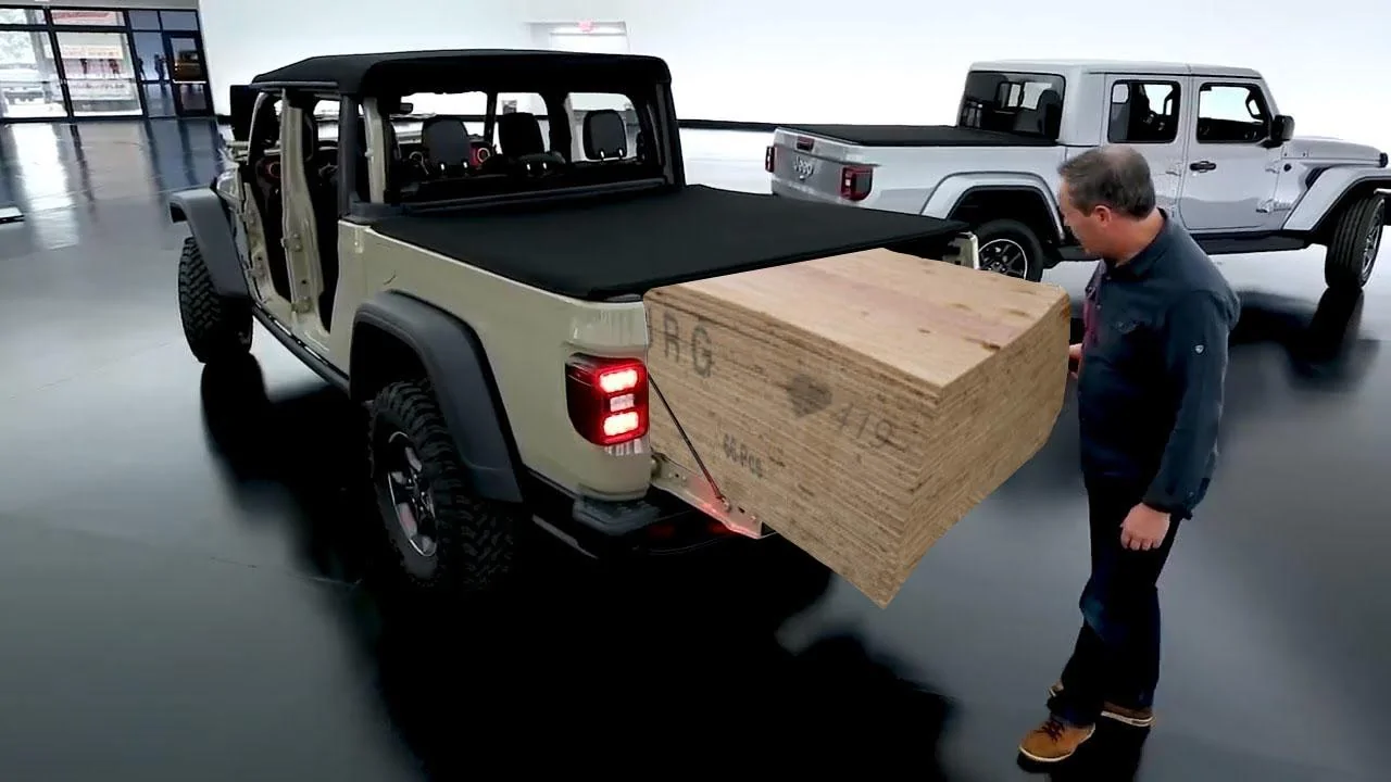 Jeep Gladiator Mark Allen shows off plywood at media show ;) plywood j