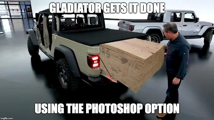 Jeep Gladiator Mark Allen shows off plywood at media show ;) 2uodo8