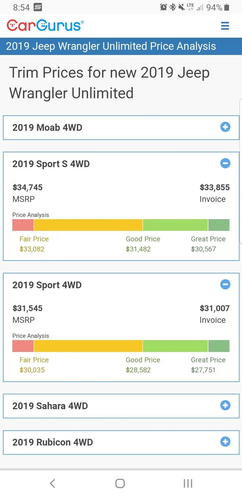 Jeep Gladiator Invoice vs MSRP Screenshot_20190311-085458_Chrom