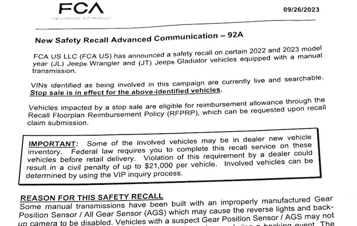 Safety Recall 92A & Stop Sale for 6-Speed Manual 2022/2023 Gladiators & Wranglers